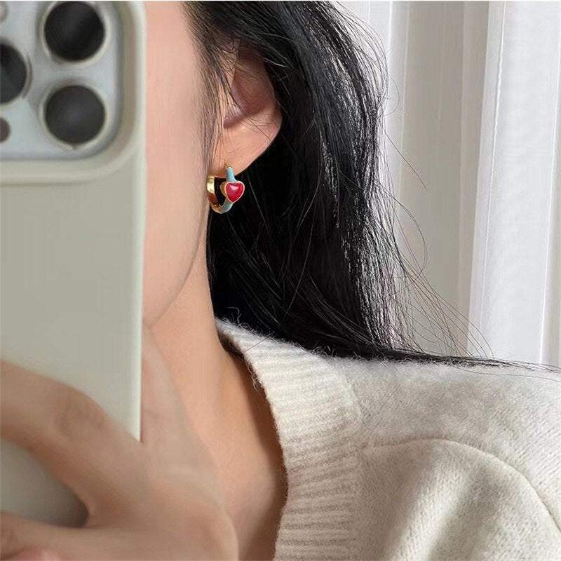 Skhek Vintage Enamel Heart Small Hoop Earrings Trendy Geometric Statement Round Circle Huggie Earring 2023 Fashion Jewelry Brincos