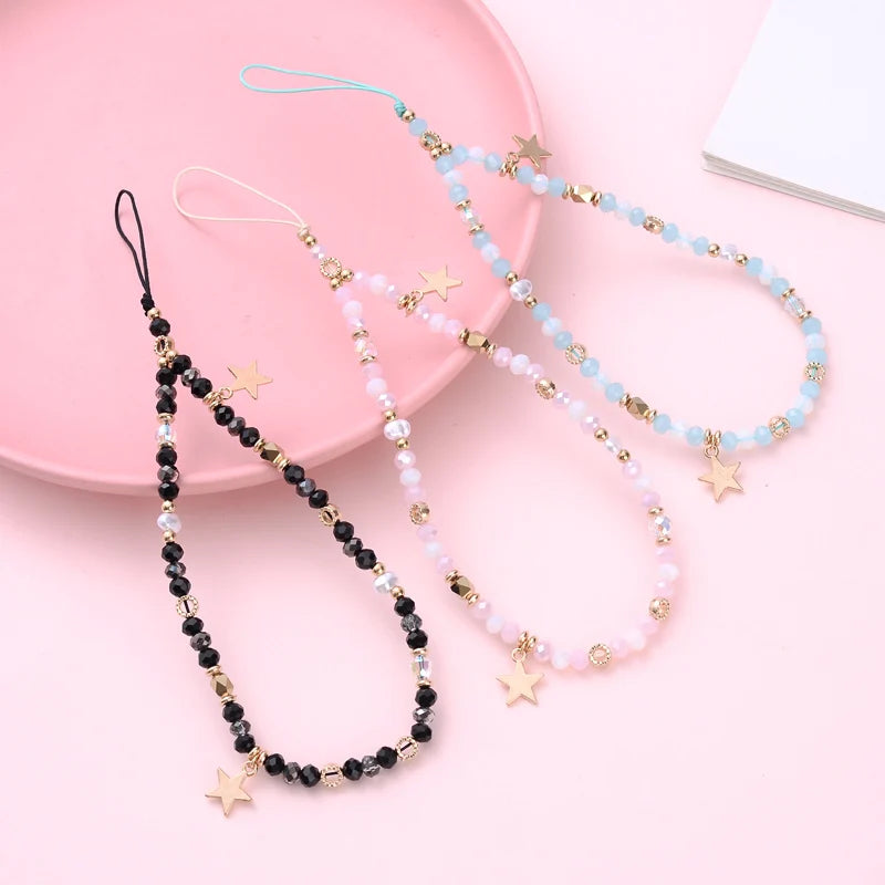 SKHEK Fashion Acrylic Mobile Phone Chain Five-Pointed Star Pendant Beaded Telephone Lanyard Cellphone Hanging Rope For Women Jewelry