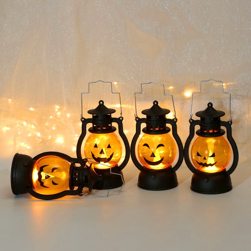 Skhek Halloween LED Hanging Pumpkin Lantern Light Ghost Lamp Candle Light Retro Small Oil Lamp Halloween Party Home Decor Horror Props