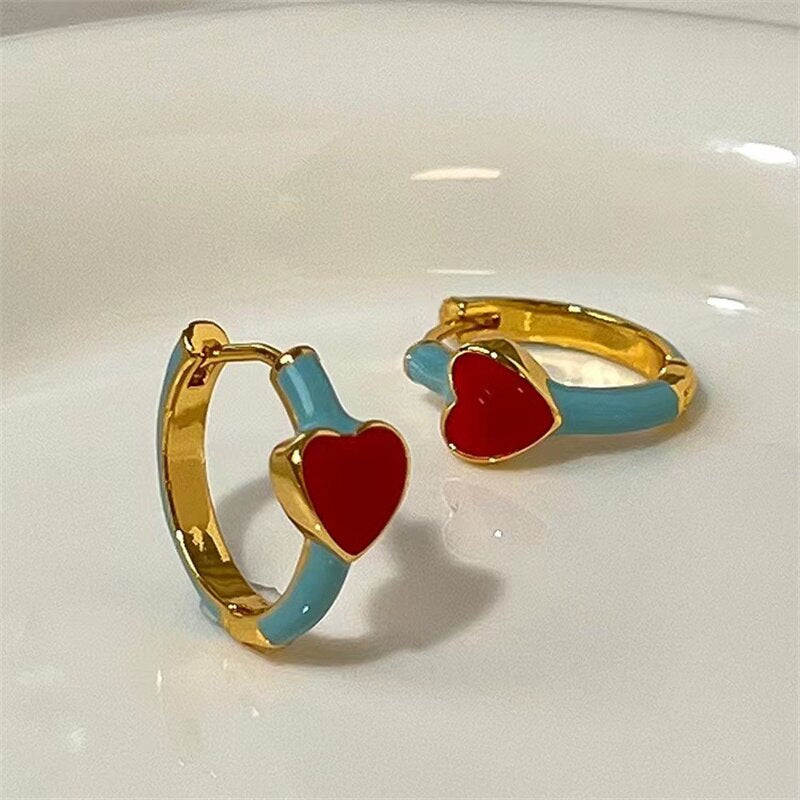 Skhek Vintage Enamel Heart Small Hoop Earrings Trendy Geometric Statement Round Circle Huggie Earring 2023 Fashion Jewelry Brincos