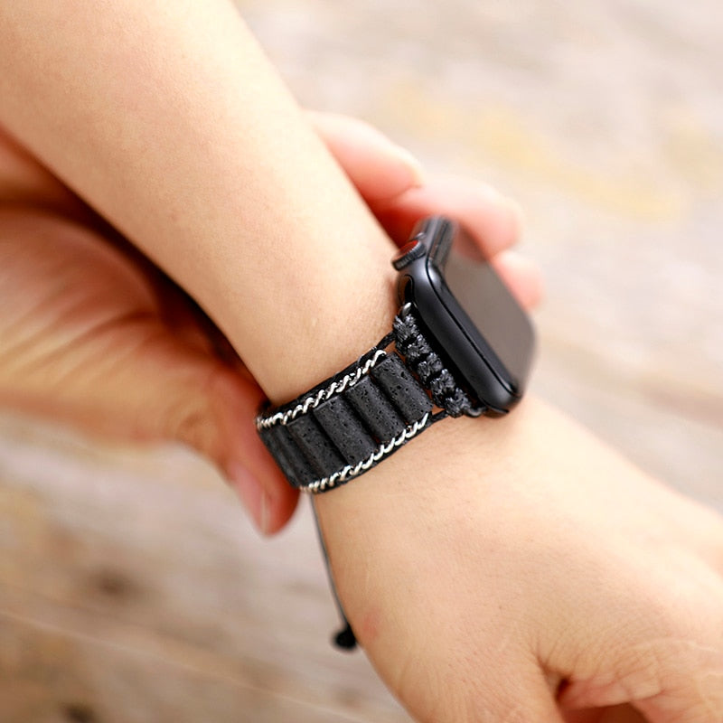 Skhek Men Natural Lava Stone Apple Watch Strap 38Mm/45Mm Healing Beaded Band Smartwatch Bracelet For Iwatch Series 1-7 Accessories