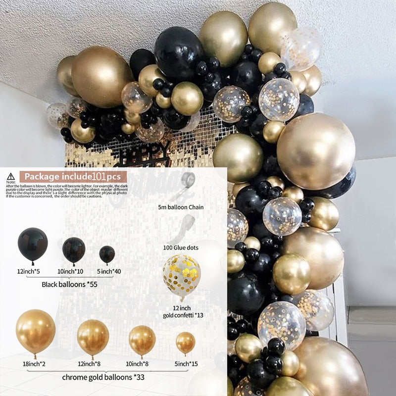101pcs Chrome Gold Black Balloons Arch Garland Kit Gold Sequins Balloons for Wedding Graduation Birthday Christmas Party Decor