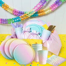 Load image into Gallery viewer, 1 Set Disposable Rainbow Party Tableware Round Flat Rainbow Paper Cup Paper Towel Party Supplies Birthday Wedding Decoration