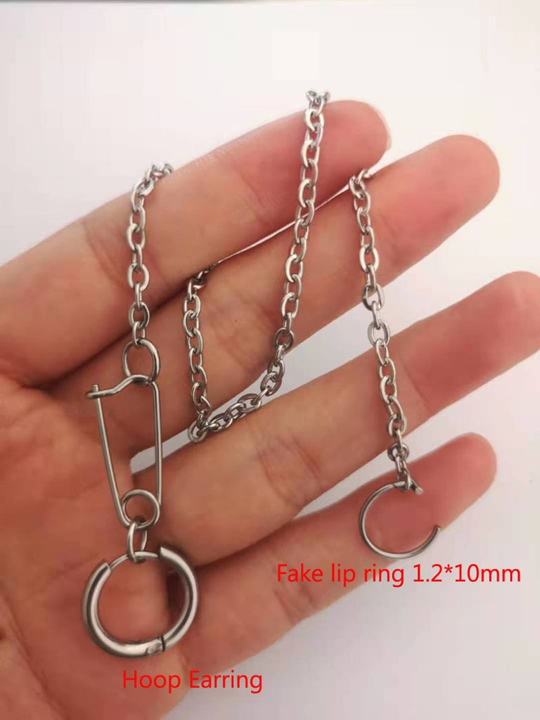 1 Fake Lip Ring 1 Earring Punk Style Steel Hinged Lip Ring Earing 2 In 1 with Long Chain Trendy Piercing Fake Piercing Septum