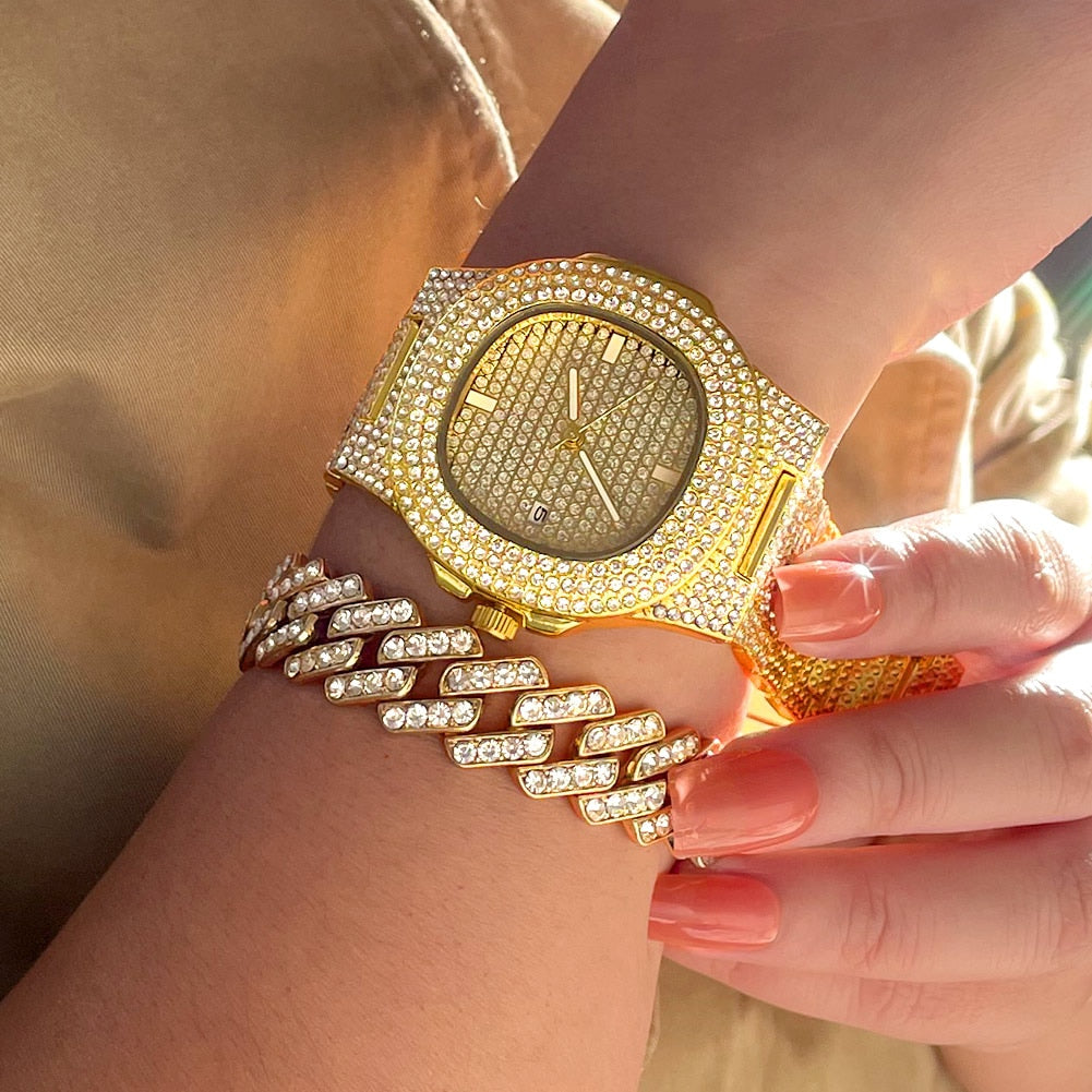 Skhek Women Luxury Iced Out Watches Bracelet Set Gold Silver Color Full Rhinestone Cuban Chain Bracelet Wristwatch Relogio Feminino