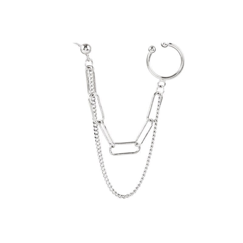 Skhek 925 Sterling Silver Double-layer Chain Earrings for Women Cool Personality Ear Studs Ear Clip Earring Fashion Jewelry