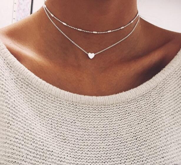 Skhek New Double Layer Necklace For Women Imitation Pearl Crystal Heart Pendant Chokers Necklaces Girls Gift Bohemia Cheap Jewelry