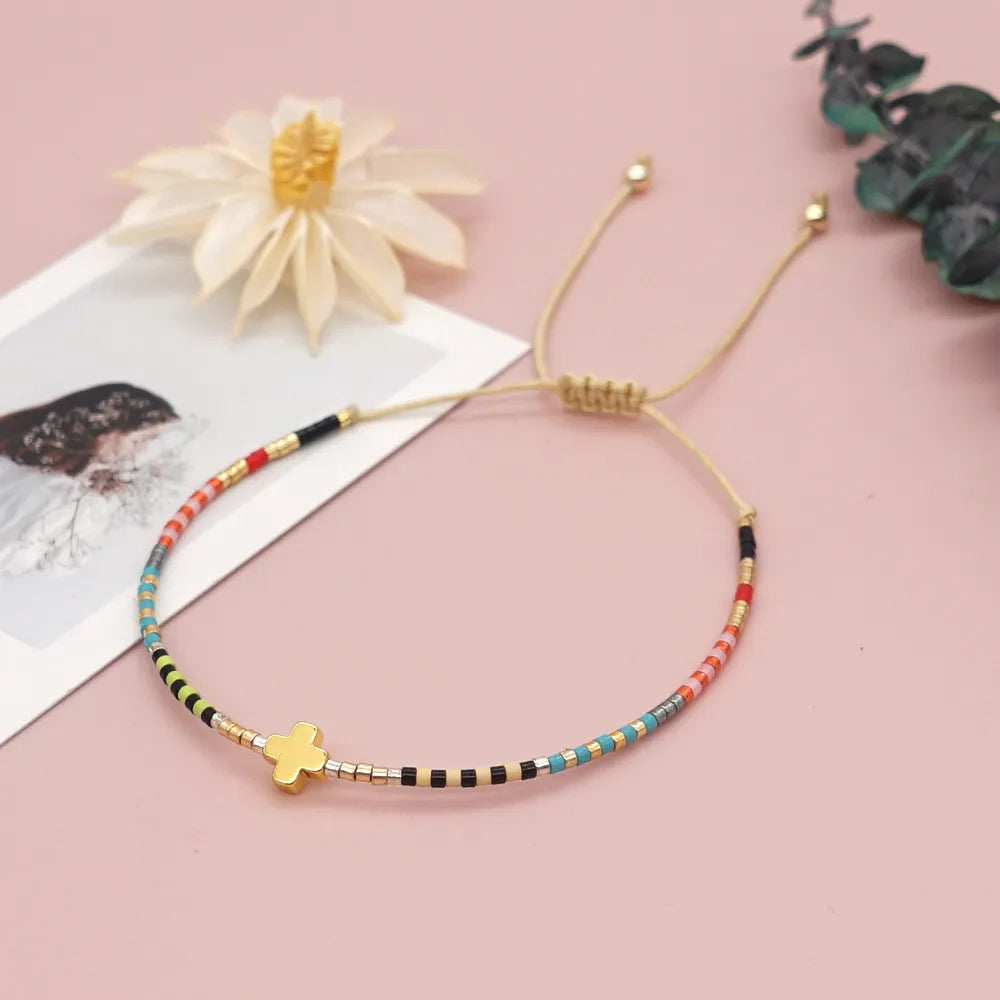 Skhek Cross Bracelet Tiny Simple Bracelet For Women Colorful Miyuki Delica Beaded Adjustable String Pulseras Christian Jewelry