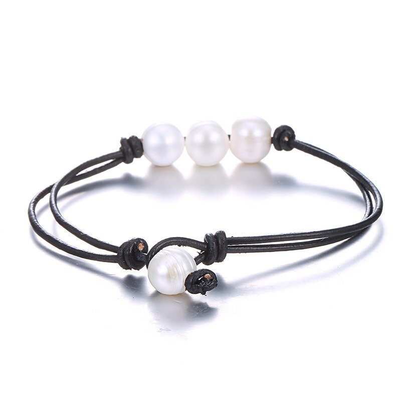 Skhek Simple Freshwater Pearl Women's Bracelet Fashion Black Leather Rope  Accessories Bangle Fashion Jewelry Birthday Party Gift