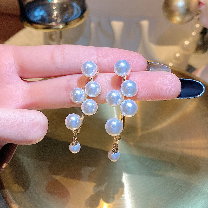 Skhek Vintage Big Pearl Beads Tassel Earrings For Women Fashion Jewelry Korean Ladies Elegant Charms Ear Jewellery Party Gifts
