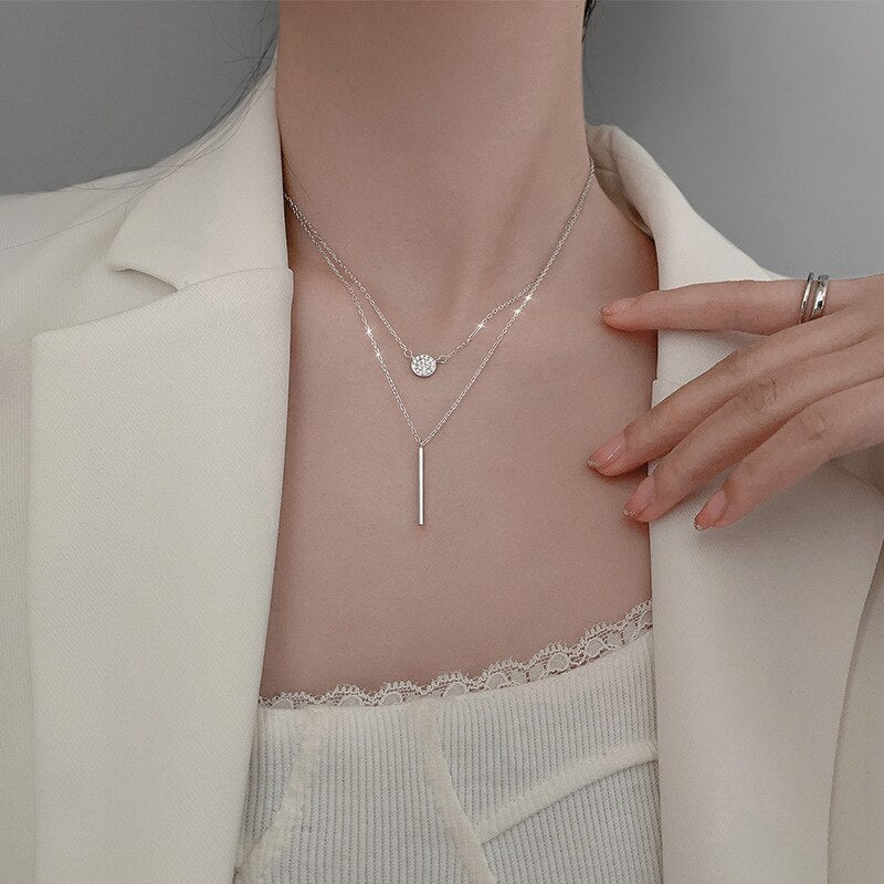 Skhek Hot 925 sterling silver Square Flash Diamond Round Double Necklace Women Clavicle Chain Fine Jewelry Party Wedding Accessories