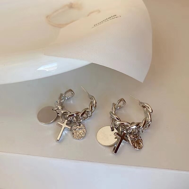 Skhek  925 Sterling Sliver Twisted Chain Hoop Earrings For Women Silver Color Cross Circle Pendant Earrings