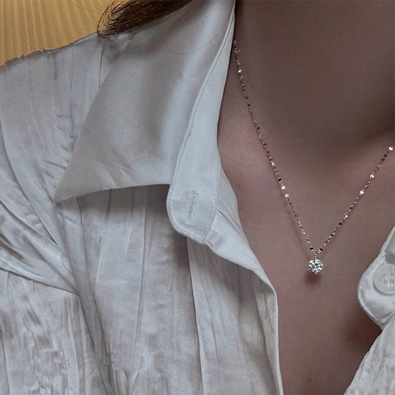 Skhek French Vintage Shining Zircon Water Drop Pendant Necklace Fairy Female Gold Color Silvery Simple Clavicle Chain Necklace Jewelry