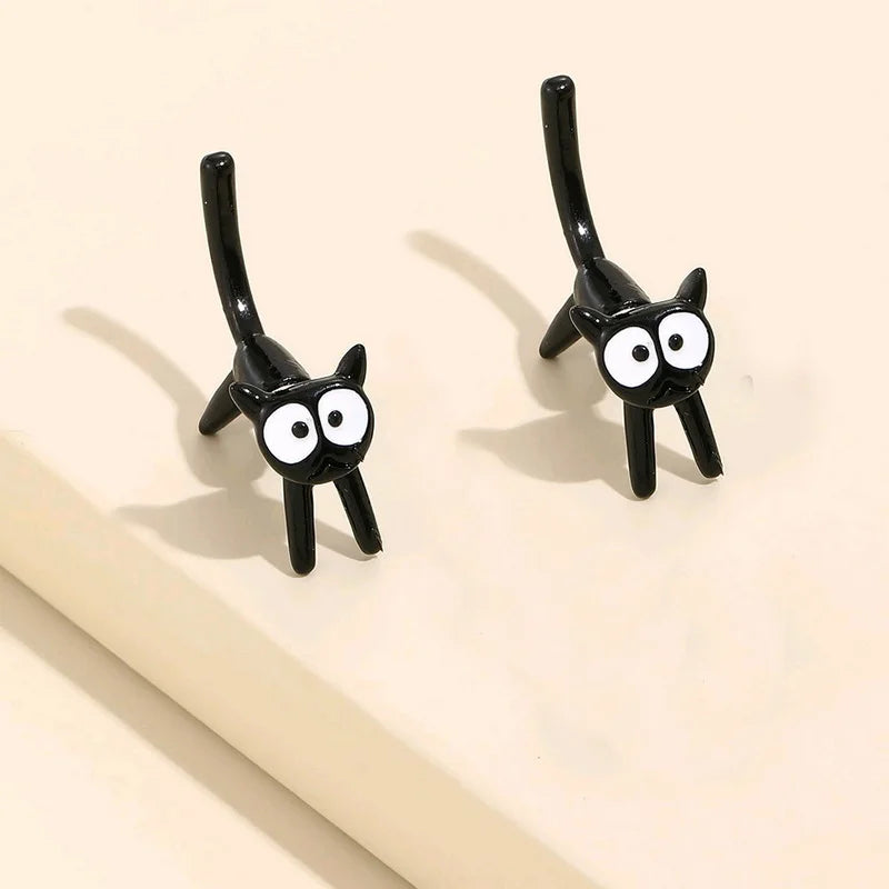 SKHEK Funny Cute Black Cat Front Back Stud Earring for Women Girls Cartoon Kitty Animal Trendy Earrings Statement Party Jewelry Gifts