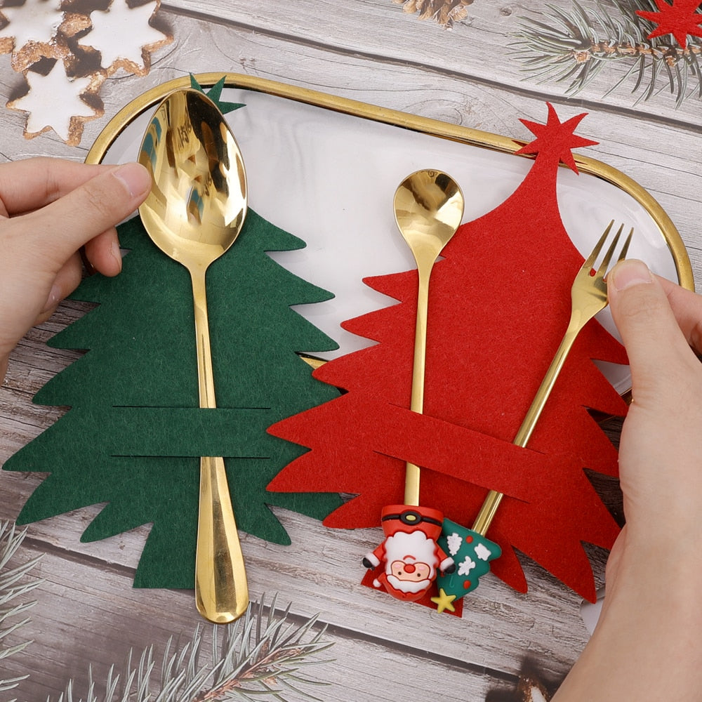 Skhek 4Pcs Felt Christmas Tableware Holder Bags Xmas Tree Snowflake Knife Fork Spoon Holder Set Pockets Cutlery Organizer Bag Decor