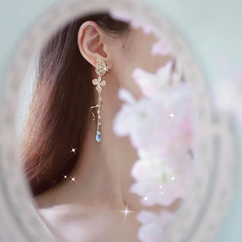 Skhek Korean Elegant Butterfly Earrings For Women Exquisite Crystal Zircon Long Tassel Flower Drop Earrings Girls Temperament Jewelry