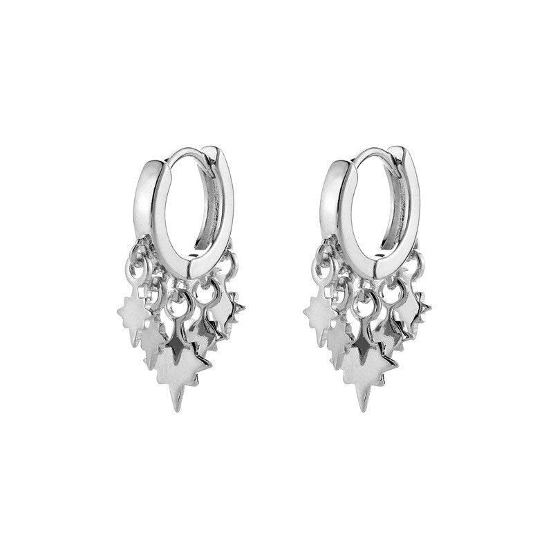 Skhek 925 Sterling Silver Jewelry Long Tassel Crystal Dangle Vintage Star Moon Charms Drop Earrings For Women