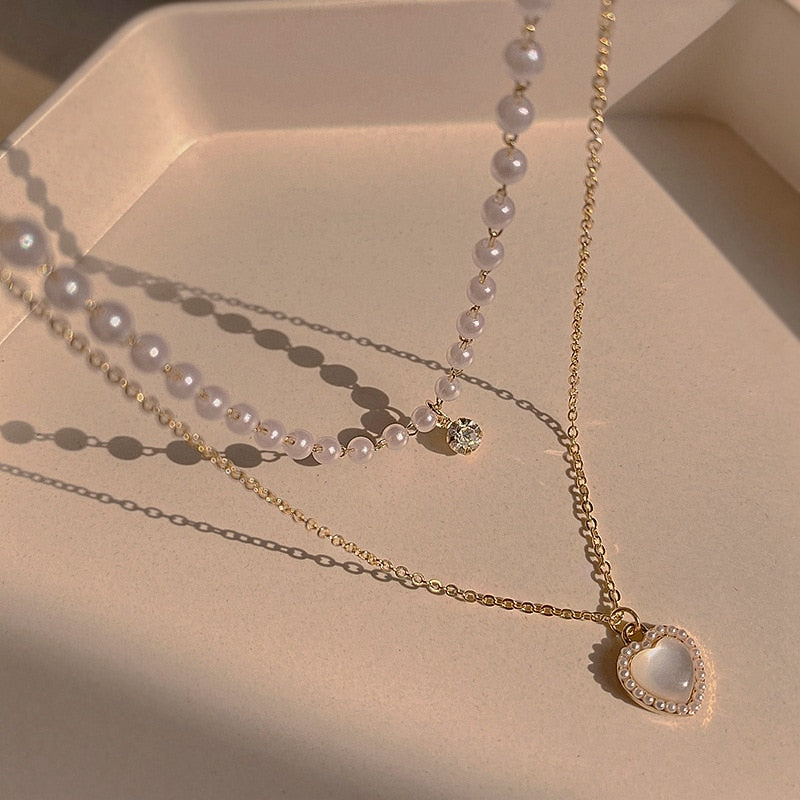 Skhek Fashion Cute Love Heart Shaped Pendant Necklace Pearl Chain Shiny Women 2022 Aesthetic Jewelry Choker Wedding Party Jewelry Gift