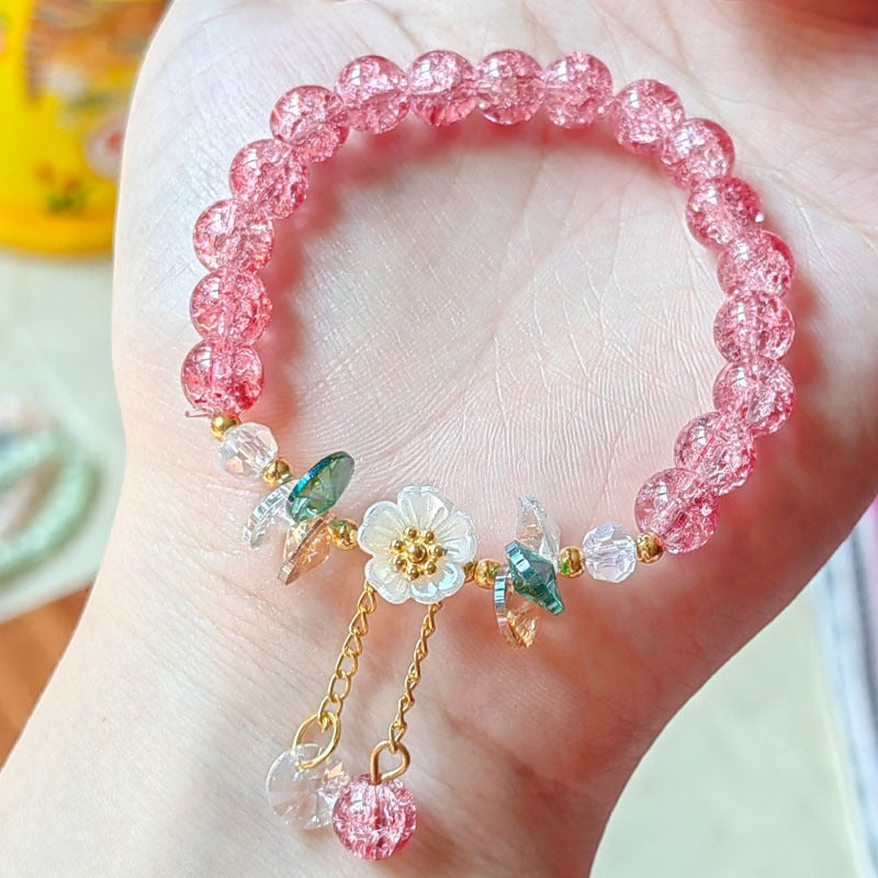 Skhek Korean Colorful Crystal Beaded Bracelet for Women Bohemian Shell Daisy Flower Pendant Elastic Bracelets Party Wedding Jewelry