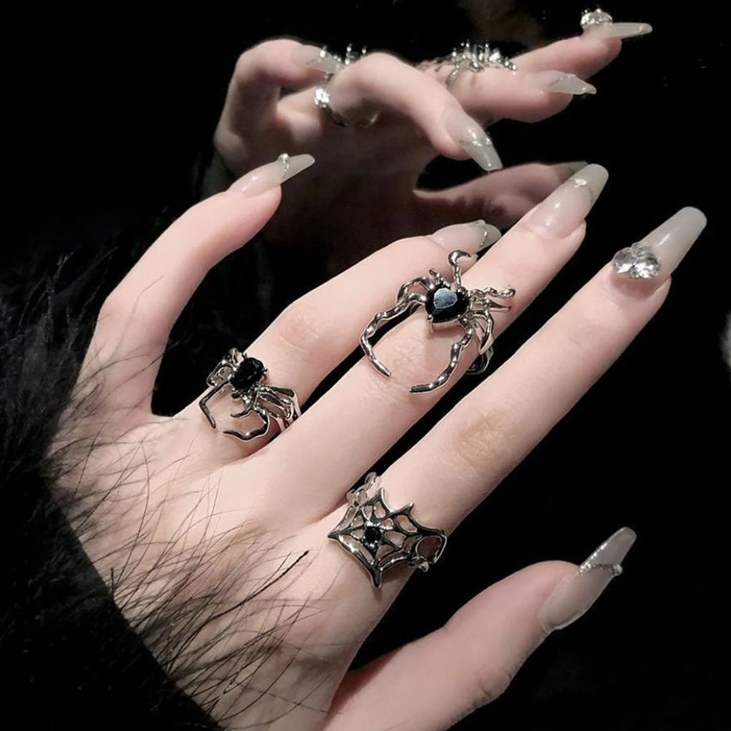 Skhek Hip Hop Gothic Punk Irregular Spider Webs Zircon Opening Ring Women Black Crystal Dark Animal Rings Fashion Party Finger Jewelry