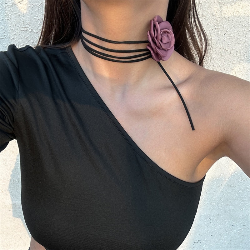 Skhek Romantic Gothic Phantom Flower Clavicle Chain Necklace for Women Ladies Korean Fashion Adjustable Rope Choker Y2K Accessories