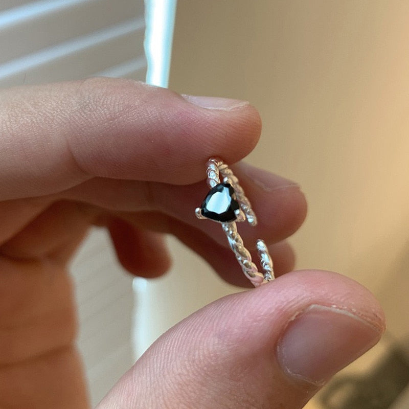 Skhek Simple Design Heart Zircon Open Rings For Women Silver Color Adjustable Love Couple Twist Ring Gift Jewellery Accessories