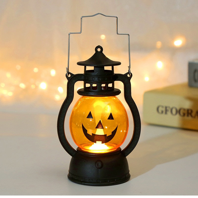 Skhek Halloween LED Hanging Pumpkin Lantern Light Ghost Lamp Candle Light Retro Small Oil Lamp Halloween Party Home Decor Horror Props