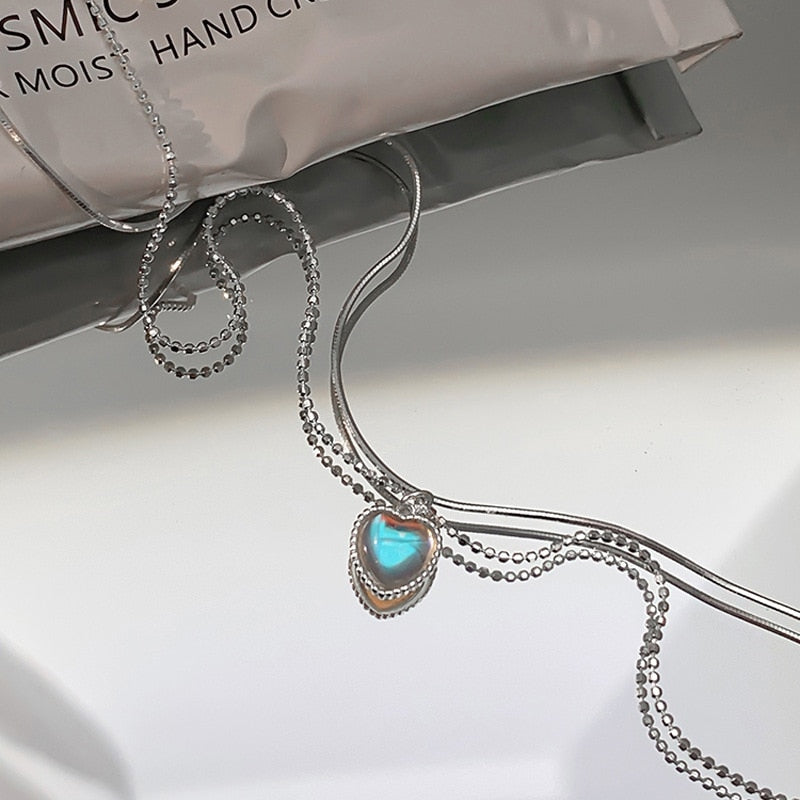 Skhek Kpop Heart Necklace French Lucky Bean Love Clavicle Chain Korean Simple Female double layer Necklace Female Pendant for Women
