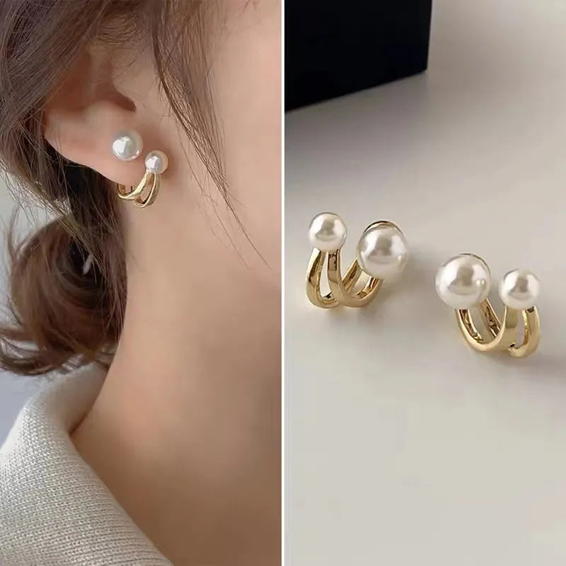 SKHEK Korean Simple Irregular Design Pearl Stud Earrings for Women Fashion Geometric Gold Color Metal Earrings Trend Party Jewelry Gif