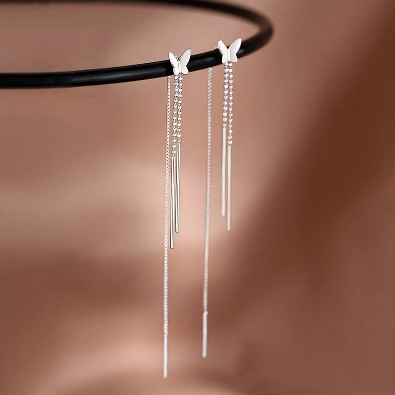 Skhek Fashion Long Tassel Butterfly Drop Earrings Silver Color 2023 Fashion Hanging Women Earrings Summer Jewelry Girls Party Gift