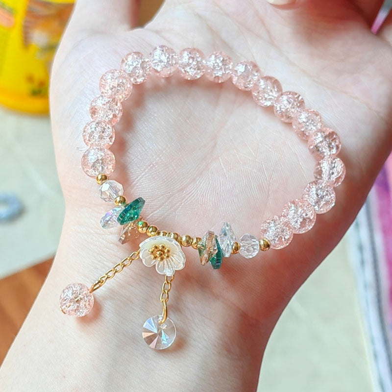 Skhek Korean Colorful Crystal Beaded Bracelet for Women Bohemian Shell Daisy Flower Pendant Elastic Bracelets Party Wedding Jewelry