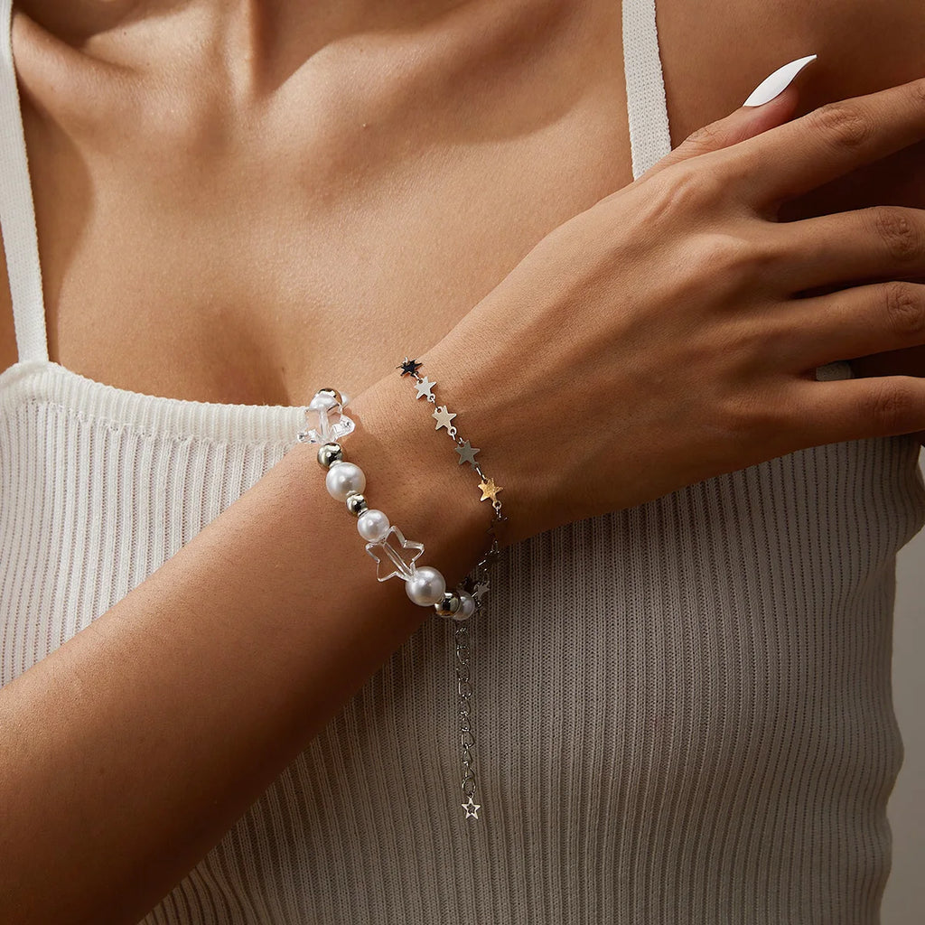 SKHEK Crystal Star Pentagram Pearl Beaded Bracelet for Women Vintage Aesthetic Charm Double Layer Chain Bracelet Jewelry Gift