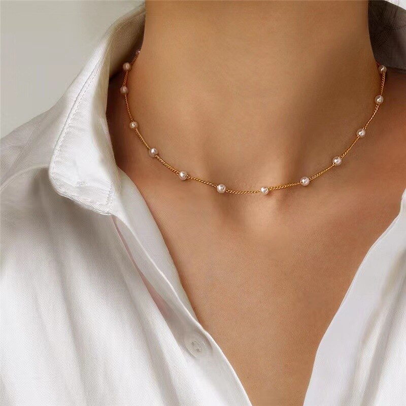 Skhek 2023 New Fashion Kpop Pearl Choker Necklace Cute Double Layer Square Pendant Beaded Necklace For Women Jewelry Girl Gift