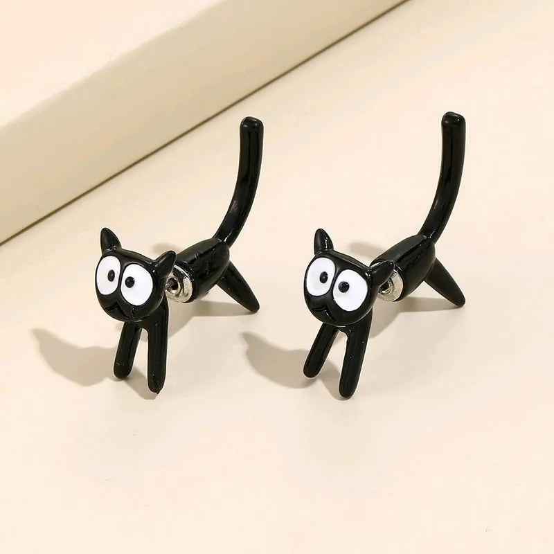 SKHEK Funny Cute Black Cat Front Back Stud Earring for Women Girls Cartoon Kitty Animal Trendy Earrings Statement Party Jewelry Gifts