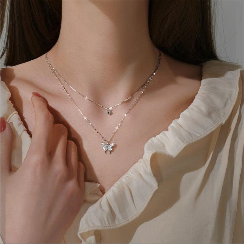 Skhek Sparkling Necklace Trendy Chain Choker for Women Fashion Brilliant Crystal Silver Plated Necklaces Accessories Jewelry Gift 2022