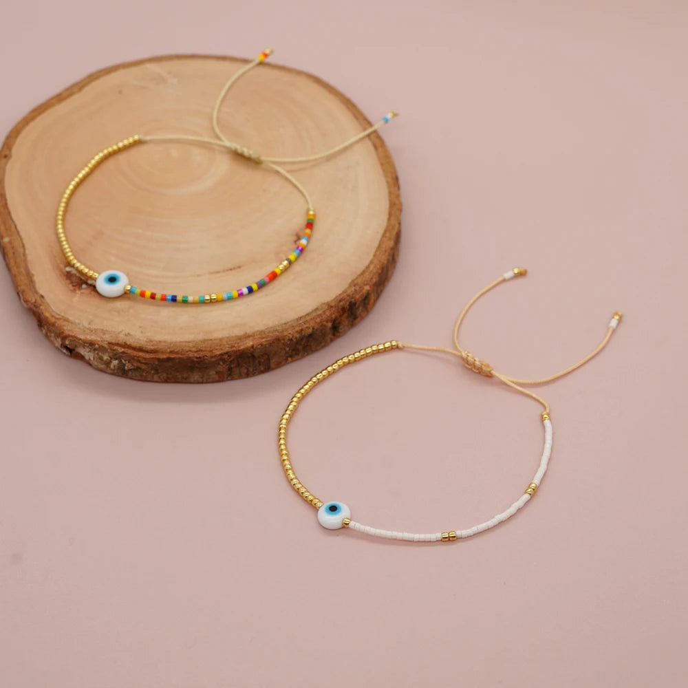 Skhek Fashion Jewelry Simple Bracelets Evil Eye Gold Plated Miyuki Beaded Dainty Bracelet for Women Teen Girl Handmade Gift Pulsera