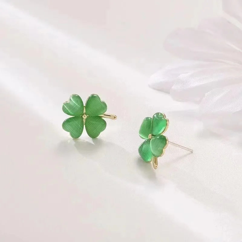 SKHEK The new fashion four-leaf Clover Cat's eye stone earrings small exquisite earrings temperament