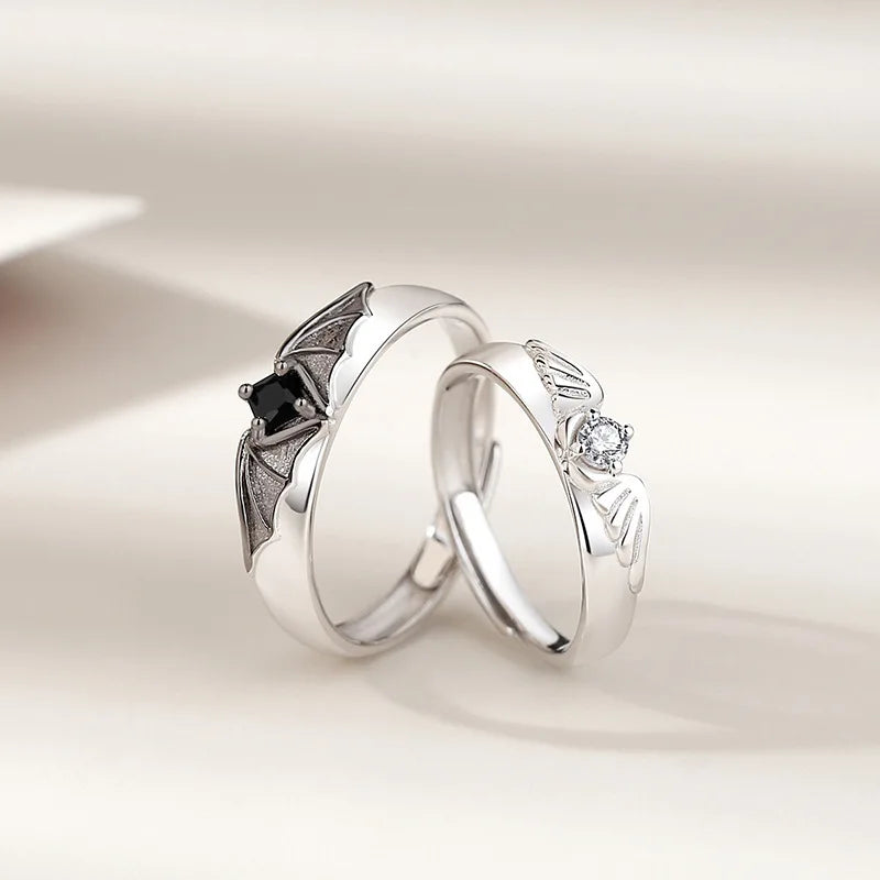 SKHEK Romantic Angel Demon Couple Rings for Women Men Fashion Zircon Wings Design Adjustable Engagement Wedding Ring Jewelry