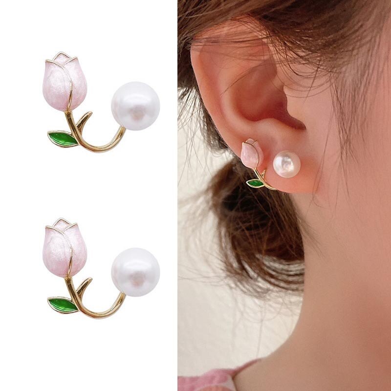 Skhek French Light Luxury Pink Tulip Flower Pearl Stud Earrings For Women Korean Zircon Exquisite Earring Party Mother's Day Jewelry