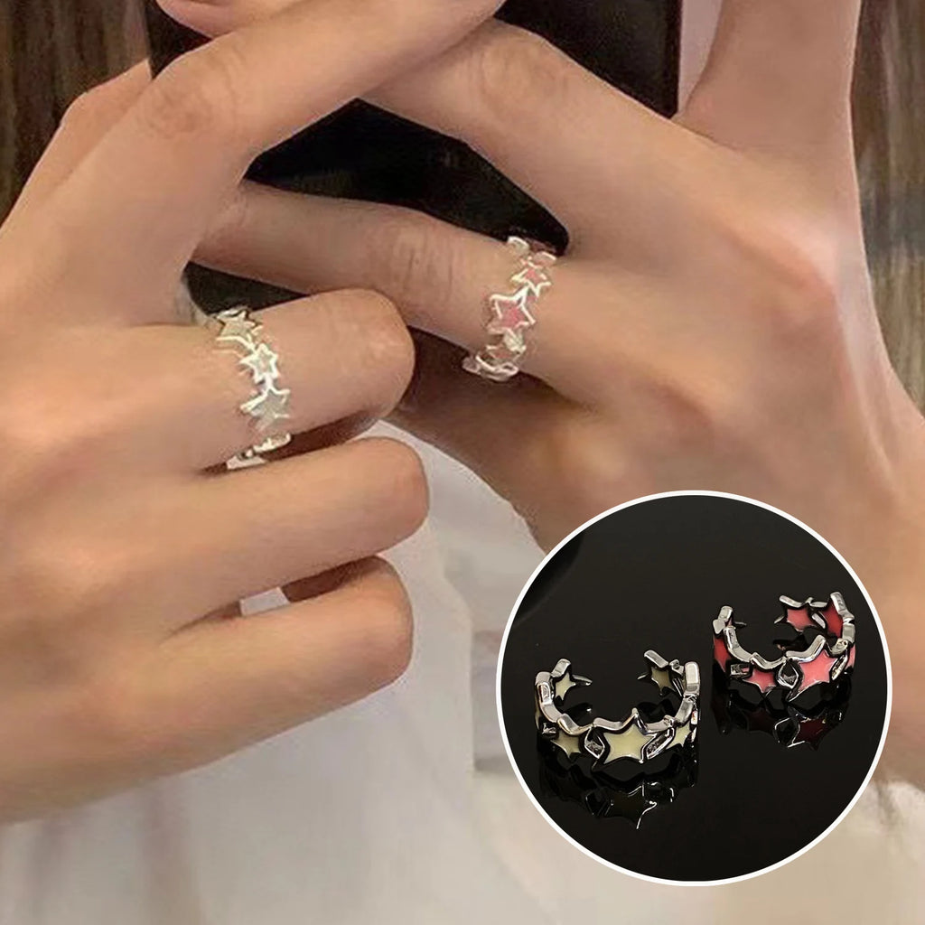Skhek Korean Fashion Pink Stars Couple Ring For Women Girl Sweet Adjustable Ring Bosom Friend Irregular Aesthetics Y2k Jewelry Gifts