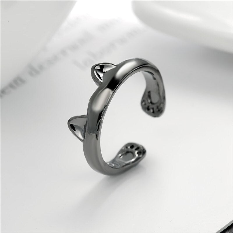 Skhek Silvery Plated Cute Cat Ear Ring for Women Girl Fashion Cat's Paw Opening Finger Ring Party Birthday Jewelry Accessories GIfts