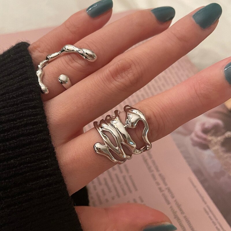 Skhek Silver Color Metal Rings Set New Trend Vintage Elegant Irregular Hollow Branches Adjustable Rings for Women Fine Party Jewelry