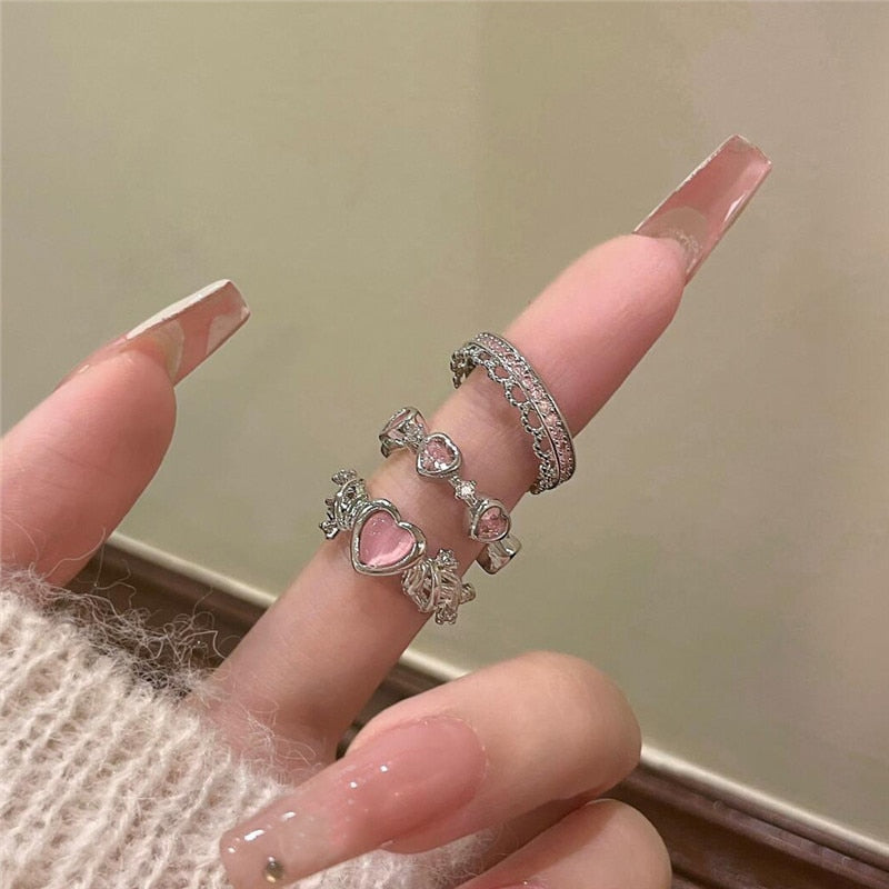 Skhek 2023 Pink Crystal Irregular Heart Rings Vintage Zircon Opal Love Open Ring Y2K Shiny Zircon Rings for Women Party Jewelry Gift