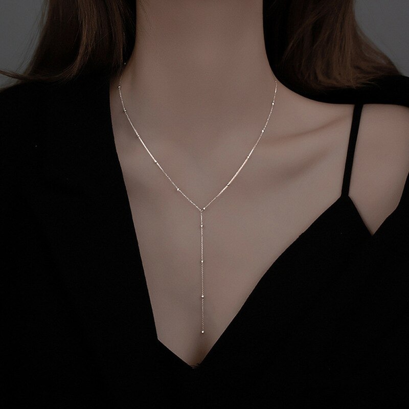 Skhek simple round beads long fringe necklace clavicle chain long geometric chain women's custom jewelry Choker neckla