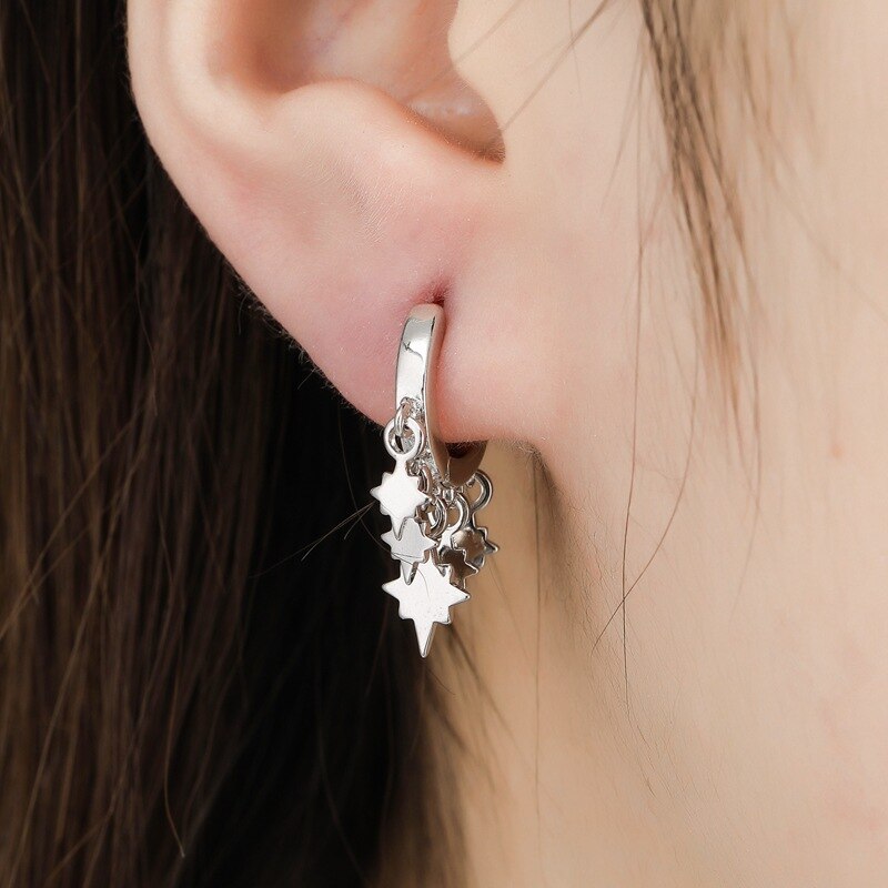 Skhek 925 Sterling Silver Jewelry Long Tassel Crystal Dangle Vintage Star Moon Charms Drop Earrings For Women