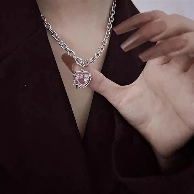 Skhek Fashion Cute Love Heart Shaped Pendant Necklace Pearl Chain Shiny Women 2022 Aesthetic Jewelry Choker Wedding Party Jewelry Gift
