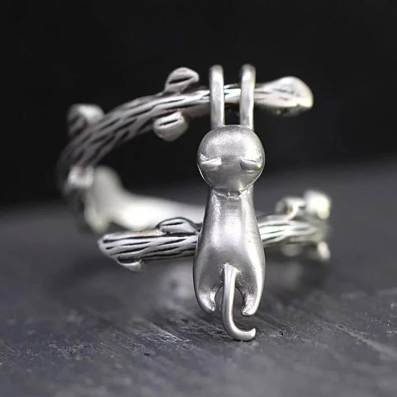 Skhek Vivid Cute Silver Color Kitty Cat Open Rings For Women Girls New Fashion Adjustable Men's Ring Gothic Animal Jewelry Gifts