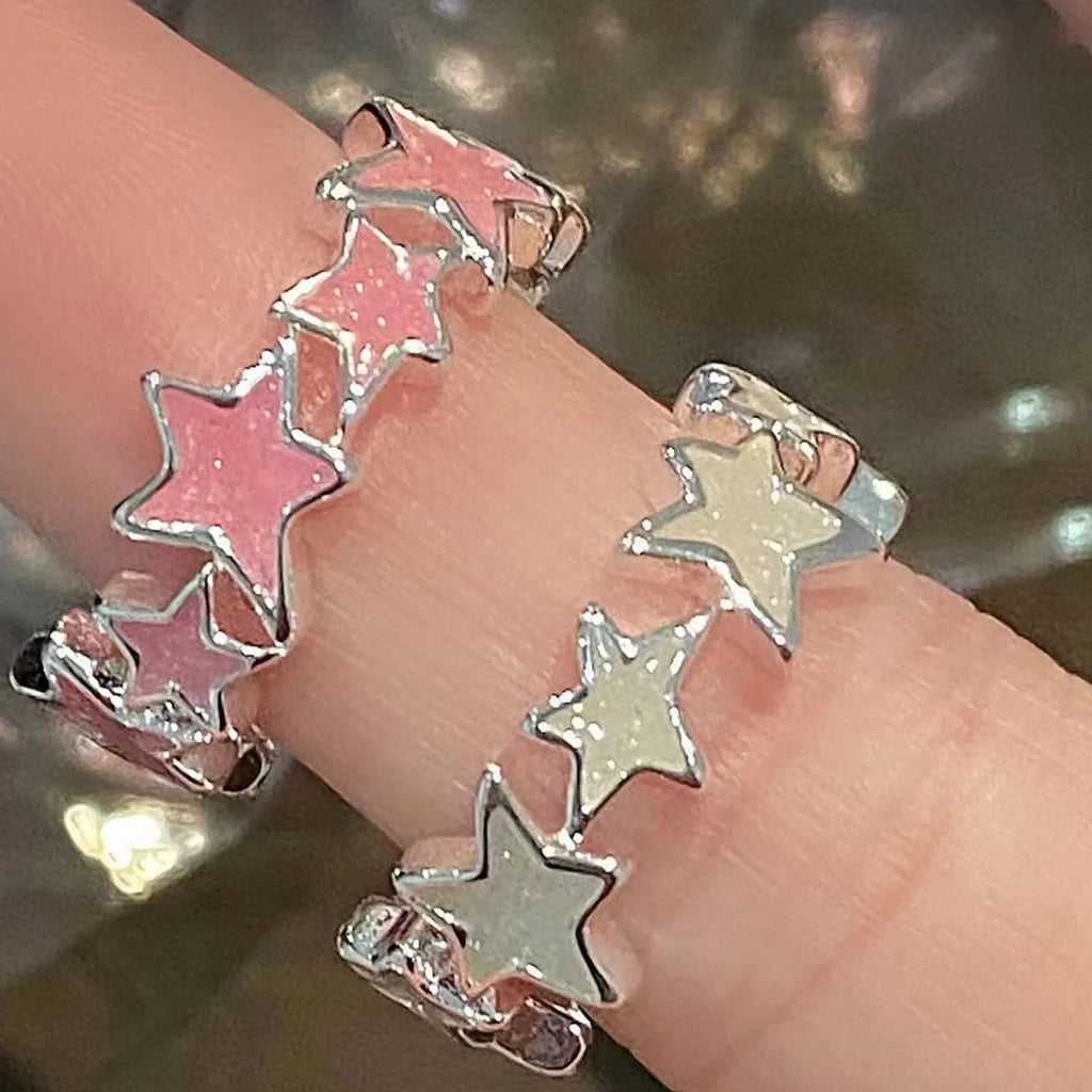 Skhek Korean Fashion Pink Stars Couple Ring For Women Girl Sweet Adjustable Ring Bosom Friend Irregular Aesthetics Y2k Jewelry Gifts
