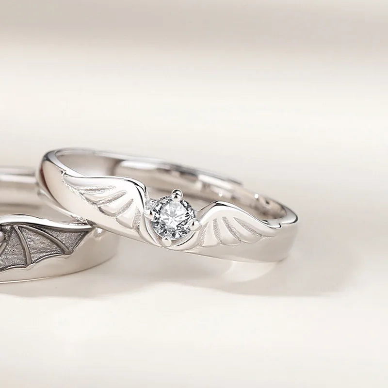 SKHEK Romantic Angel Demon Couple Rings for Women Men Fashion Zircon Wings Design Adjustable Engagement Wedding Ring Jewelry