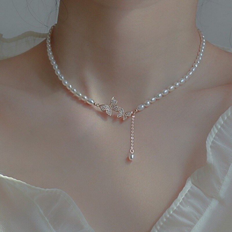 Skhek 2023 New Fashion Kpop Pearl Choker Necklace Cute Double Layer Square Pendant Beaded Necklace For Women Jewelry Girl Gift